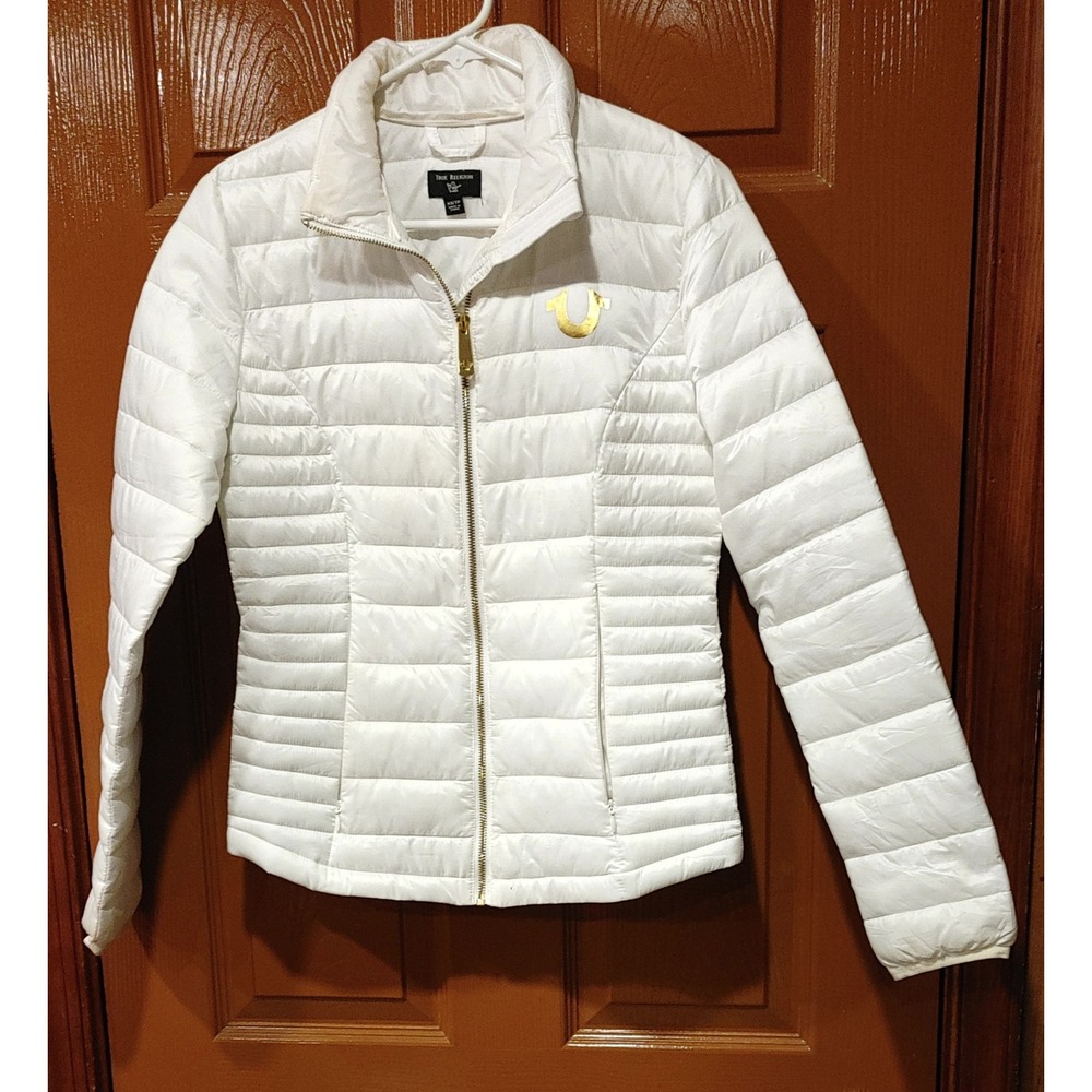 True Religion Puffer Jacket Womens XS White Good Gold Logo Zip G3L8ZL4X02113
